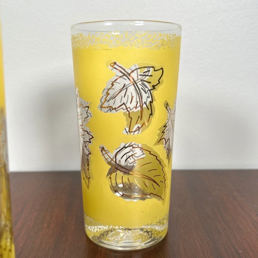 Libbey Glasses Yellow Frosted Highball Copper Leaf MCM Retro Barware THREE 1950s